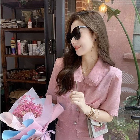 HELLO Vintage Two Piece Set Single Breasted Tassel Top with Mini Skirt